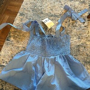Zara smocked top size large blue and white striped